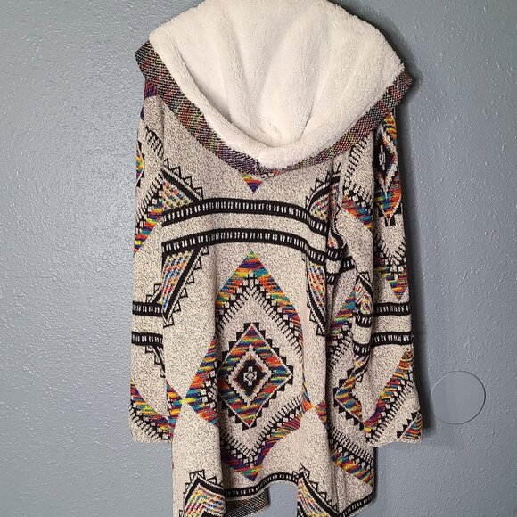 SHERPA LINED HOODED SWEATER cardigan duster Boho western Aztec - Picture 3 of 4